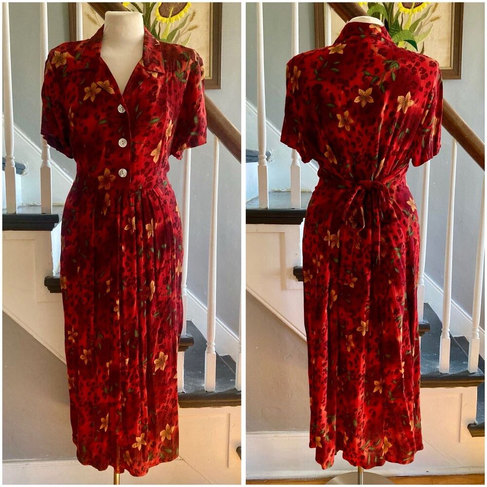 1990s Grunge Wimsigoth Rayon Crinkle Midi Dress Floral Leopard Shell Buttons